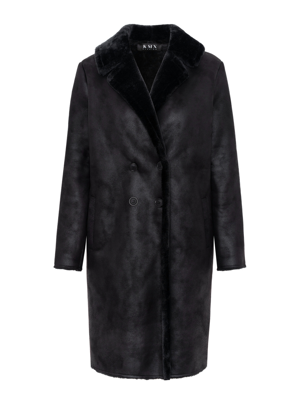 Two-tone double-breasted faux shearling coat